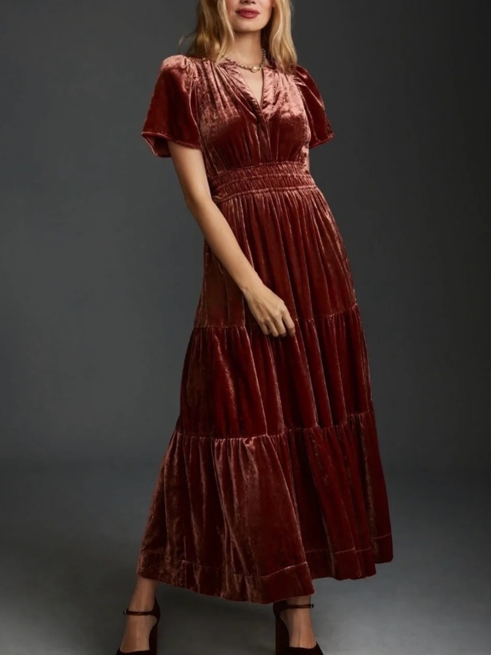 Anthropologie Rust Velvet Tiered Maxi Dress